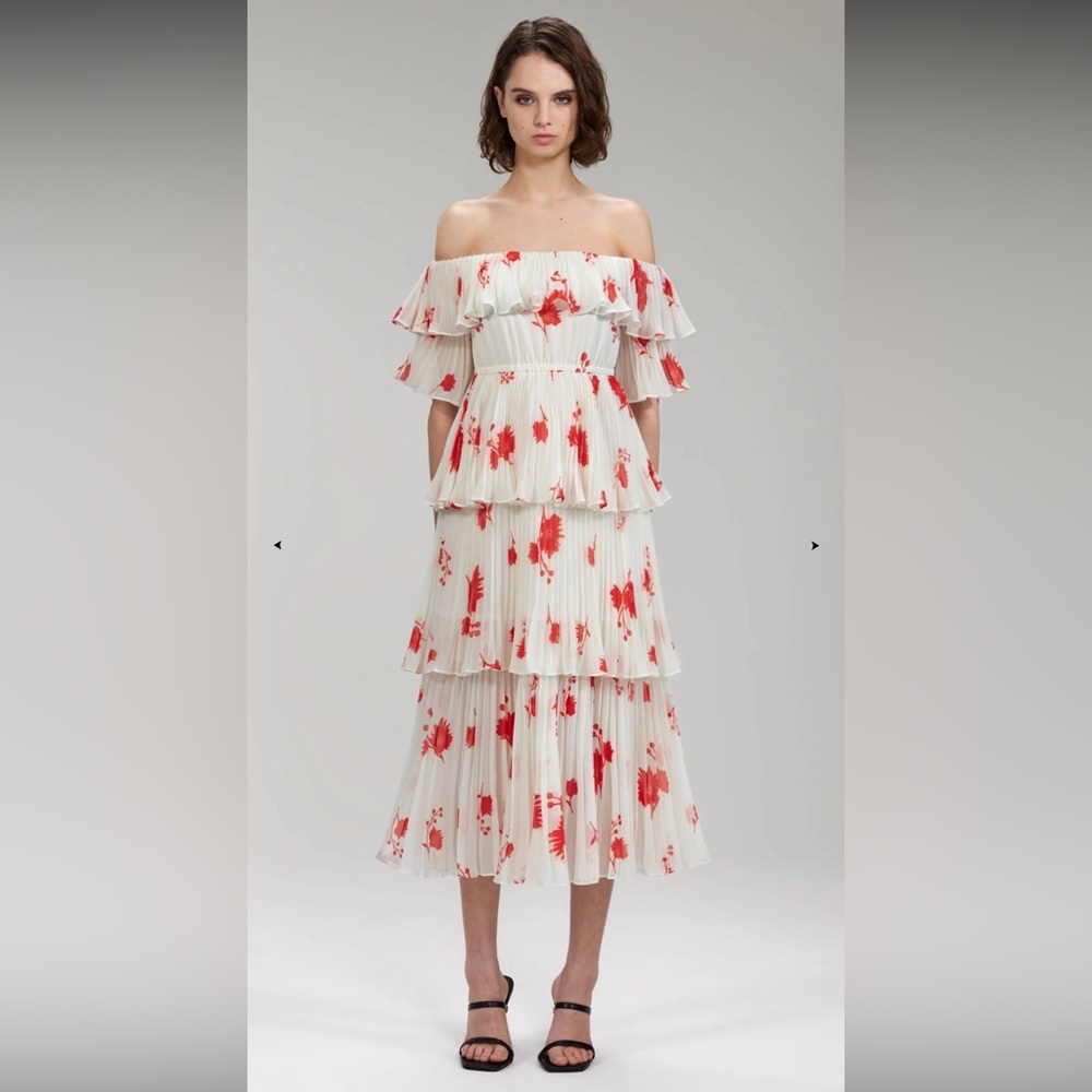 $540 Self-Portrait Wild Daisy Print Pleated Strapless Midi Dress UK 4 US 0